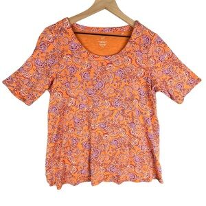 J Jill Pima-Slub Scoop Neck Side Slit Tee Women‎ Large Petite Orange Paisley